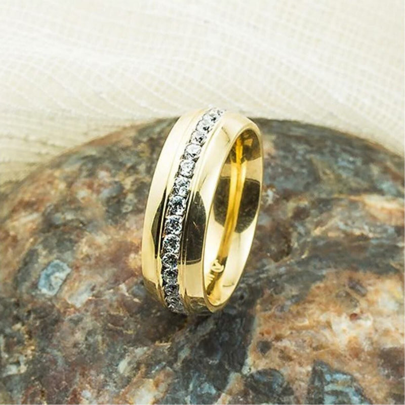 14K Yellow Gold Classic Center Row Cubic Zirconia Wedding Band