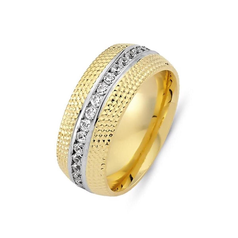14K Yellow Gold Center Row Cubic Zirconia Honeycomb Wedding Band Ring