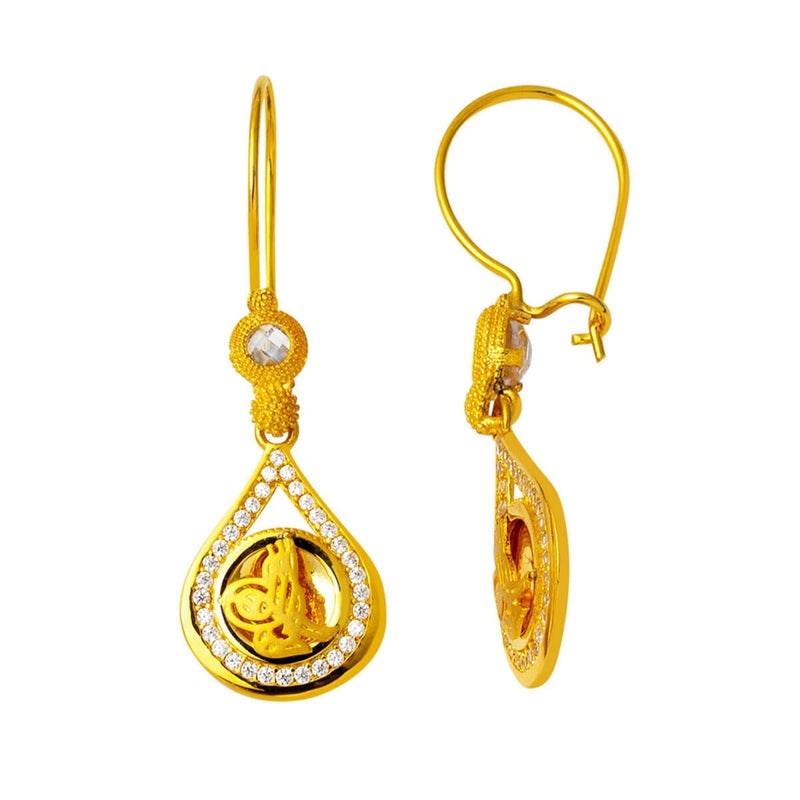 14K Yellow Gold Ottoman Tughra Dangle Cubic Zirconia Earrings (4.5 g)