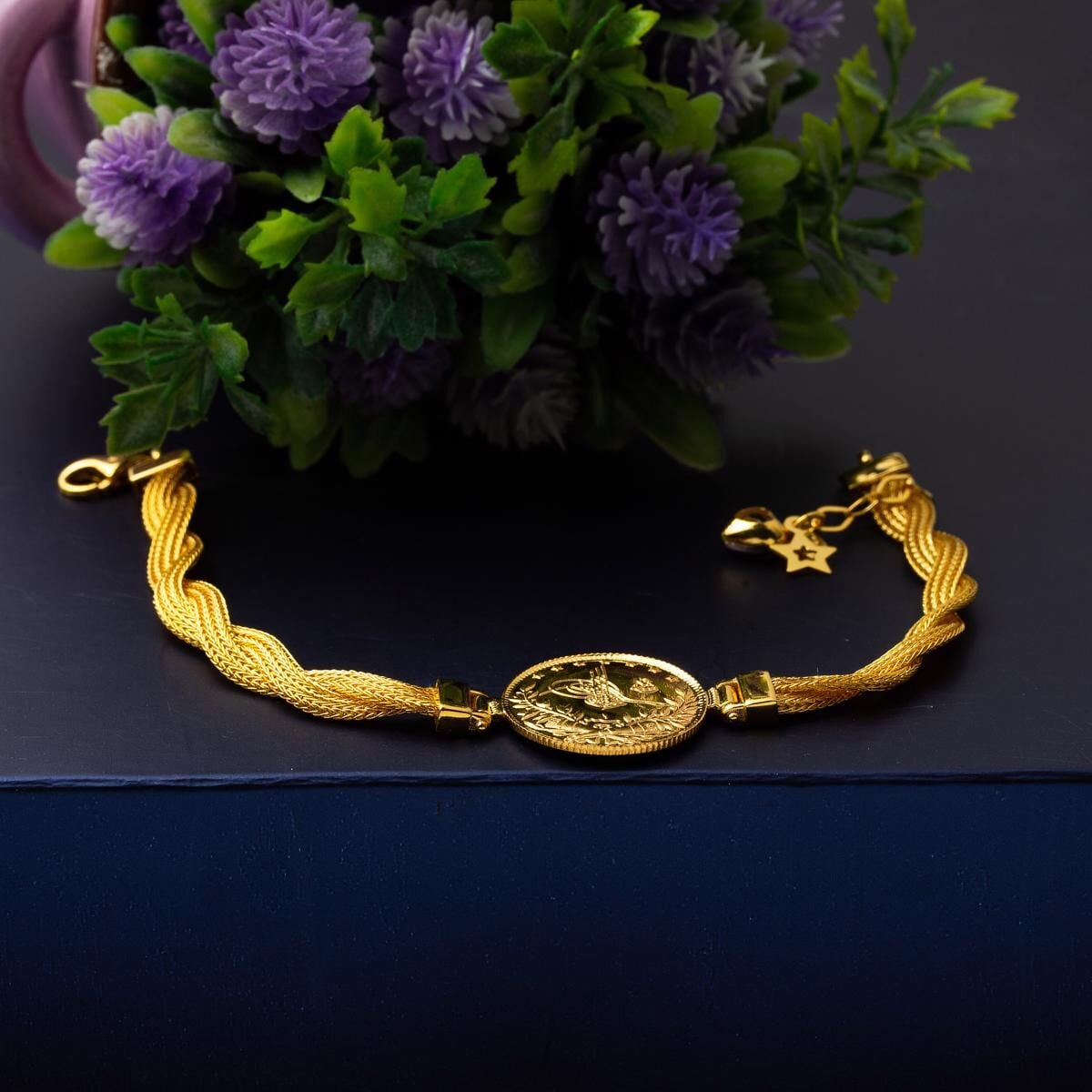 14K Yellow Gold Ottoman Tughra Half Ottoman Resat Coin Bracelet