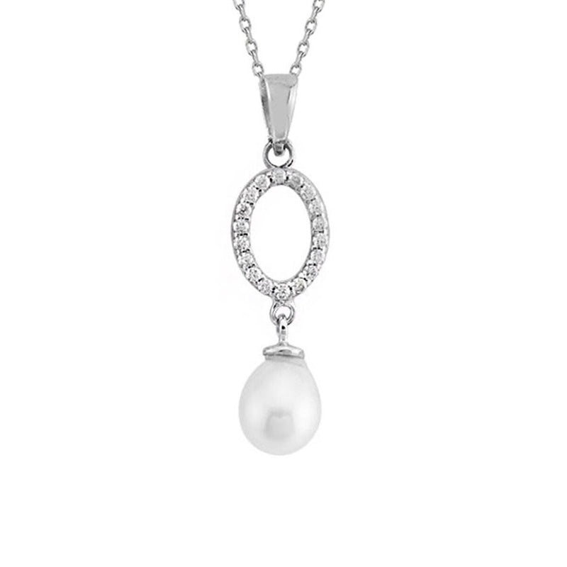 14K White Gold Oval Hoop Pearl Necklace