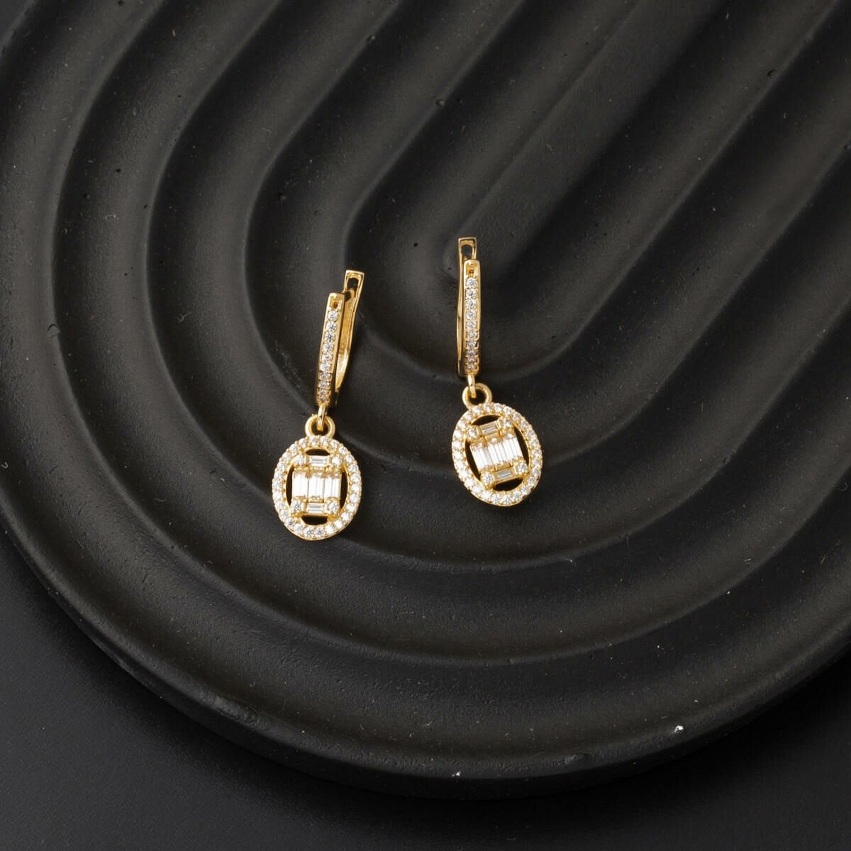14K Yellow Gold Oval Dangle Baguette Cubic Zirconia Earrings