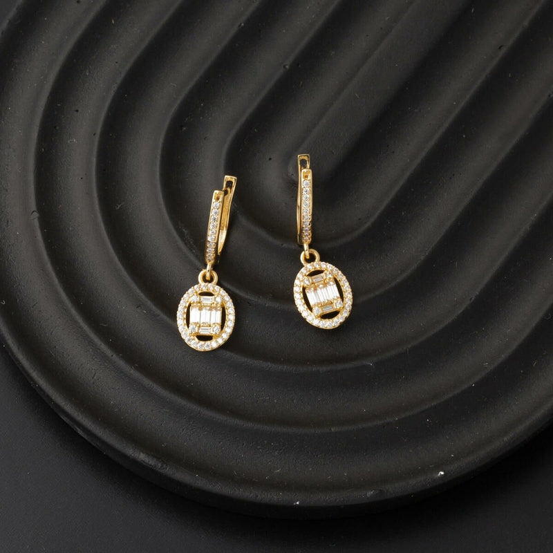14K Yellow Gold Oval Dangle Baguette Cubic Zirconia Earrings