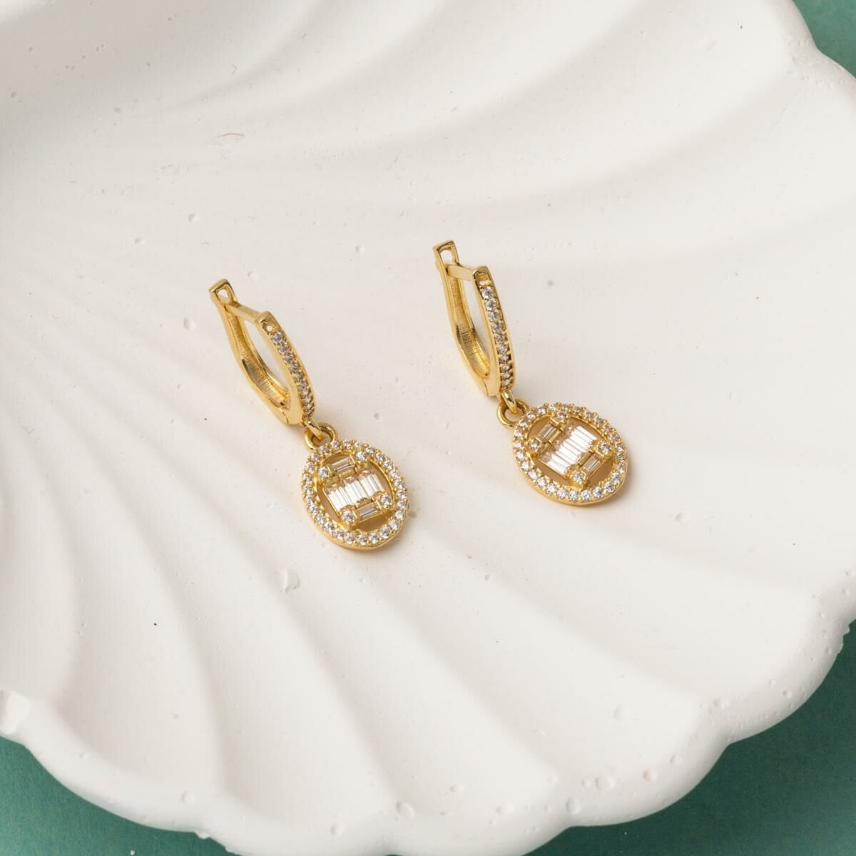 14K Yellow Gold Oval Dangle Baguette Cubic Zirconia Earrings