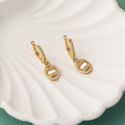 14K Yellow Gold Oval Dangle Baguette Cubic Zirconia Earrings