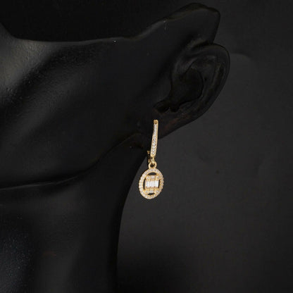 14K Yellow Gold Oval Dangle Baguette Cubic Zirconia Earrings