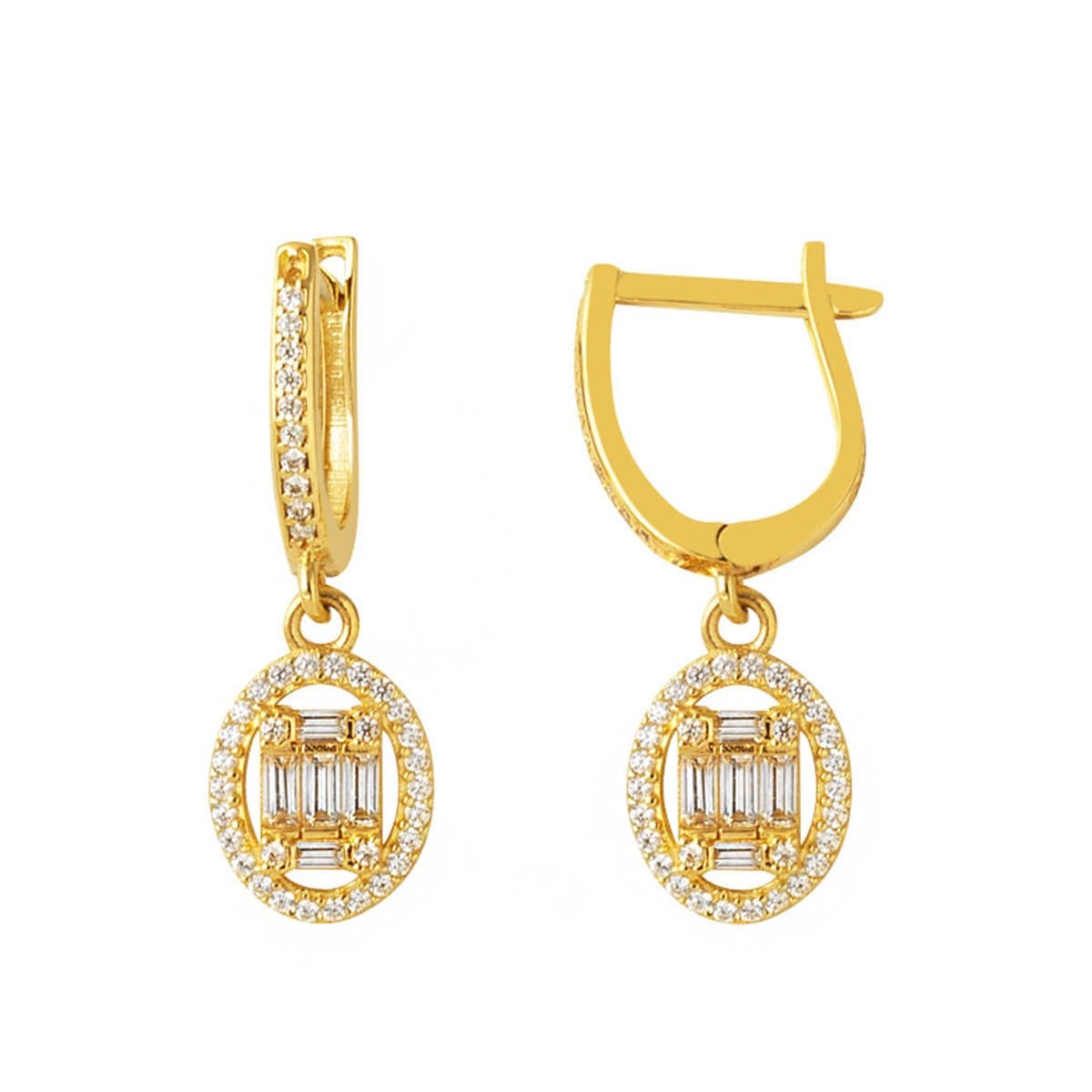 14K Yellow Gold Oval Dangle Baguette Cubic Zirconia Earrings