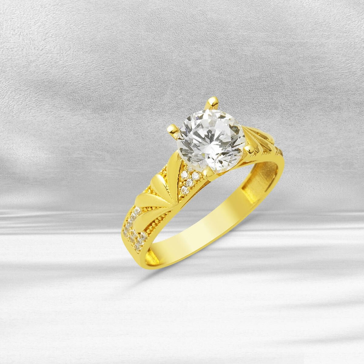 14K Yellow Gold Custom Design Single Stone Cubic Zirconia Ring