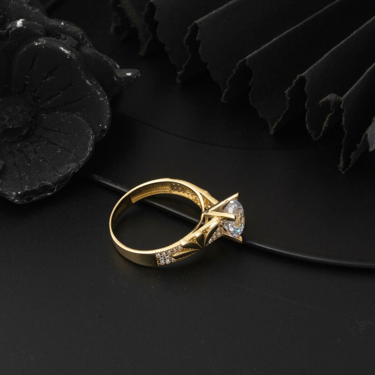 14K Yellow Gold Custom Design Single Stone Cubic Zirconia Ring