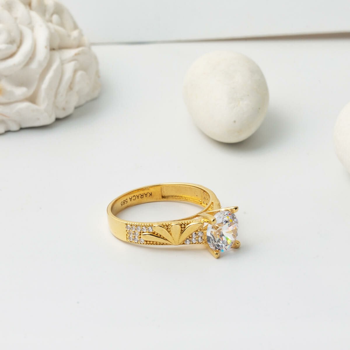 14K Yellow Gold Custom Design Single Stone Cubic Zirconia Ring