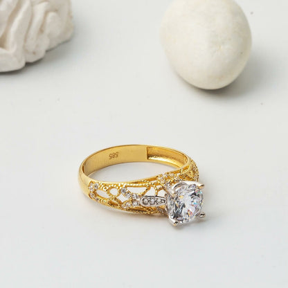 14K Yellow Gold Custom Design Single Stone Cubic Zirconia Ring (3.2 g)
