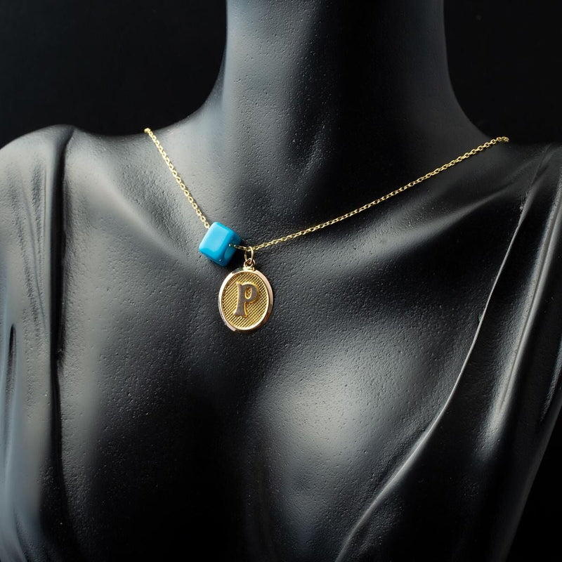14K Yellow Gold P Initial Oval Necklace