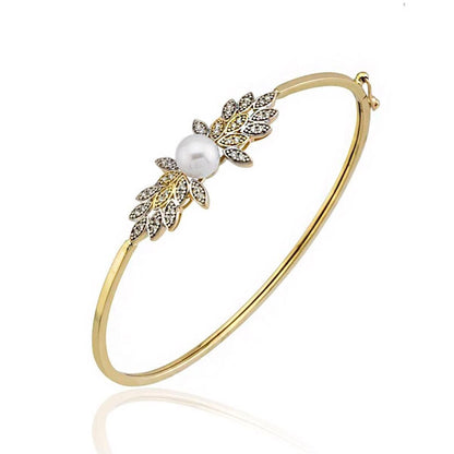 14K Yellow Gold Pales Hinged Cuff Pearl Bangle