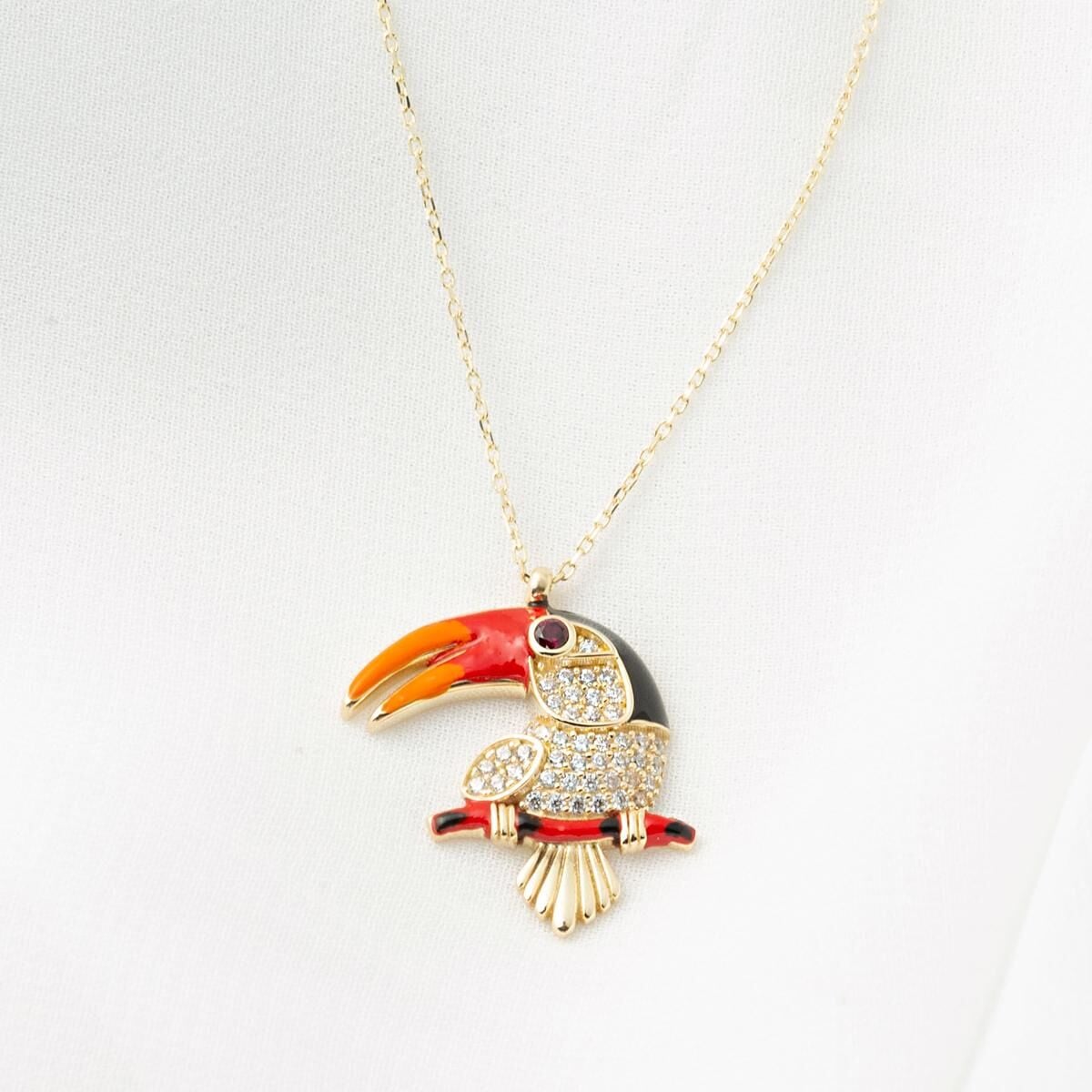 14K Yellow Gold Parrot Cubic Zirconia Necklace