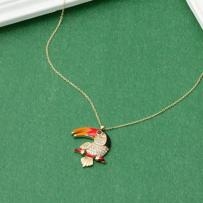 14K Yellow Gold Parrot Cubic Zirconia Necklace