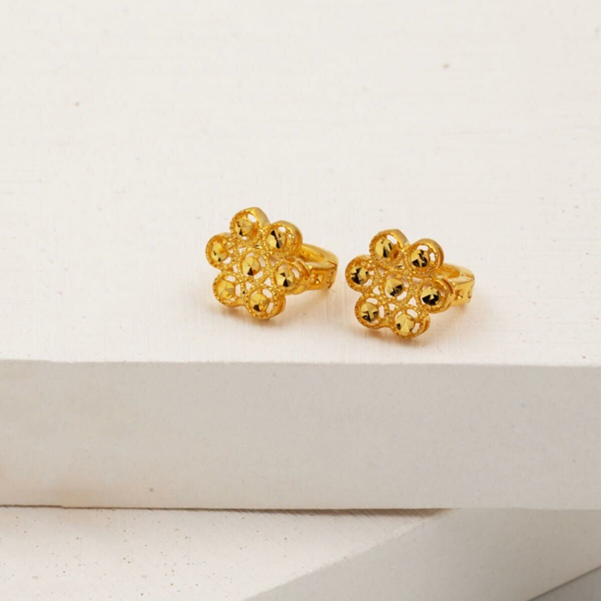 22K Yellow Gold Daisy J-Hoop Earrings