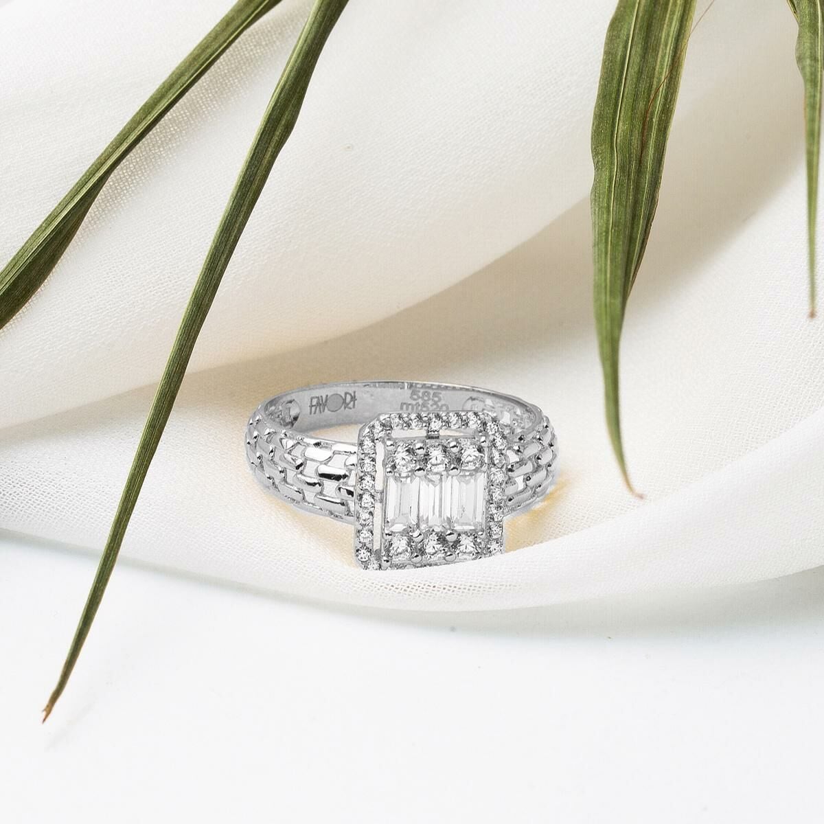 14K White Gold Segmented Baguette Cubic Zirconia Ring