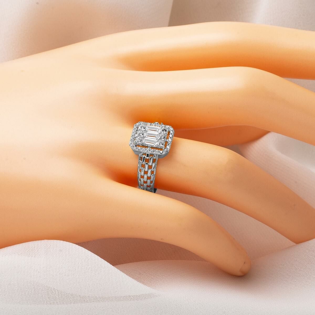 14K White Gold Segmented Baguette Cubic Zirconia Ring