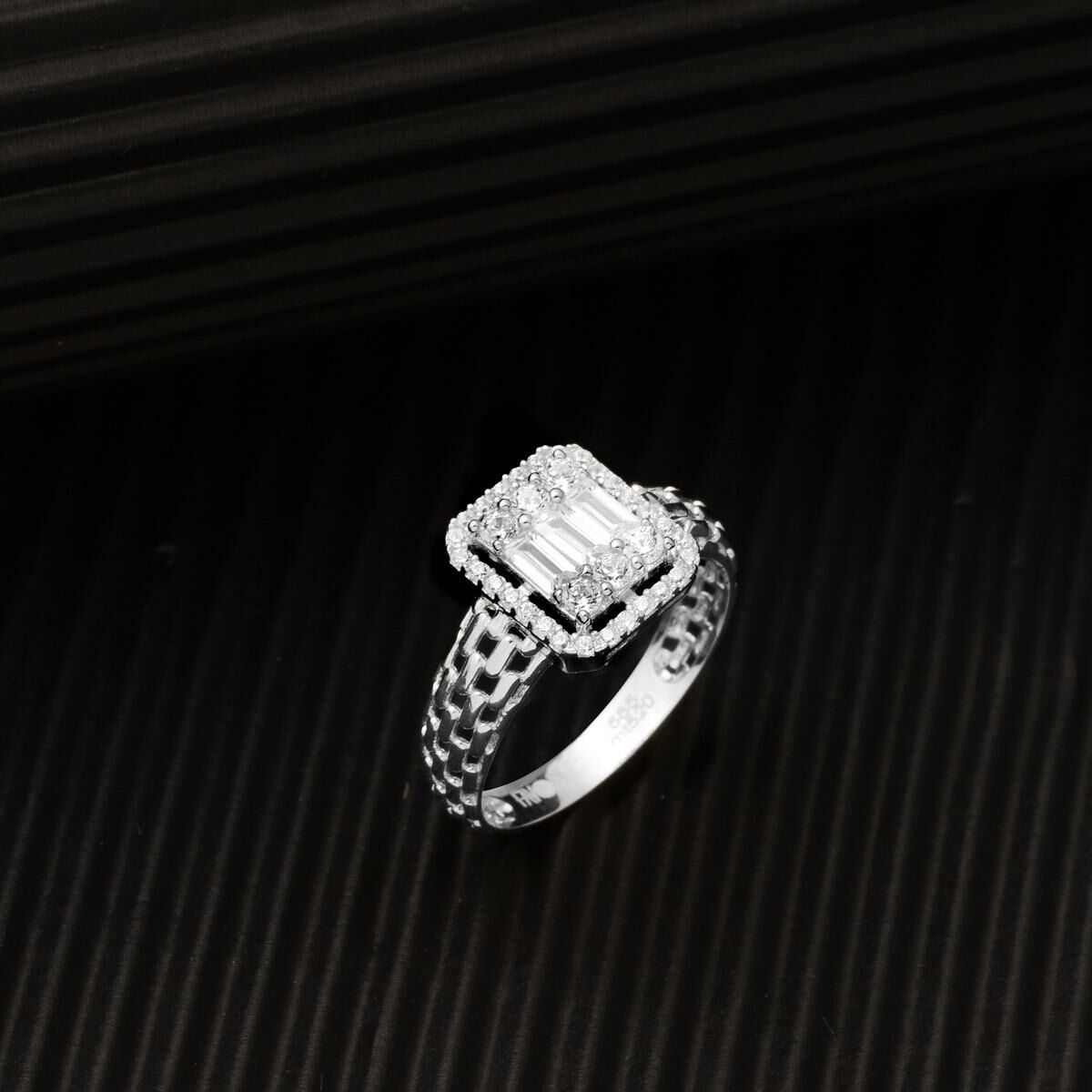 14K White Gold Segmented Baguette Cubic Zirconia Ring