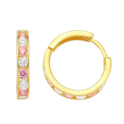 14K Yellow Gold Pink Row Cubic Zirconia Hoop Earrings