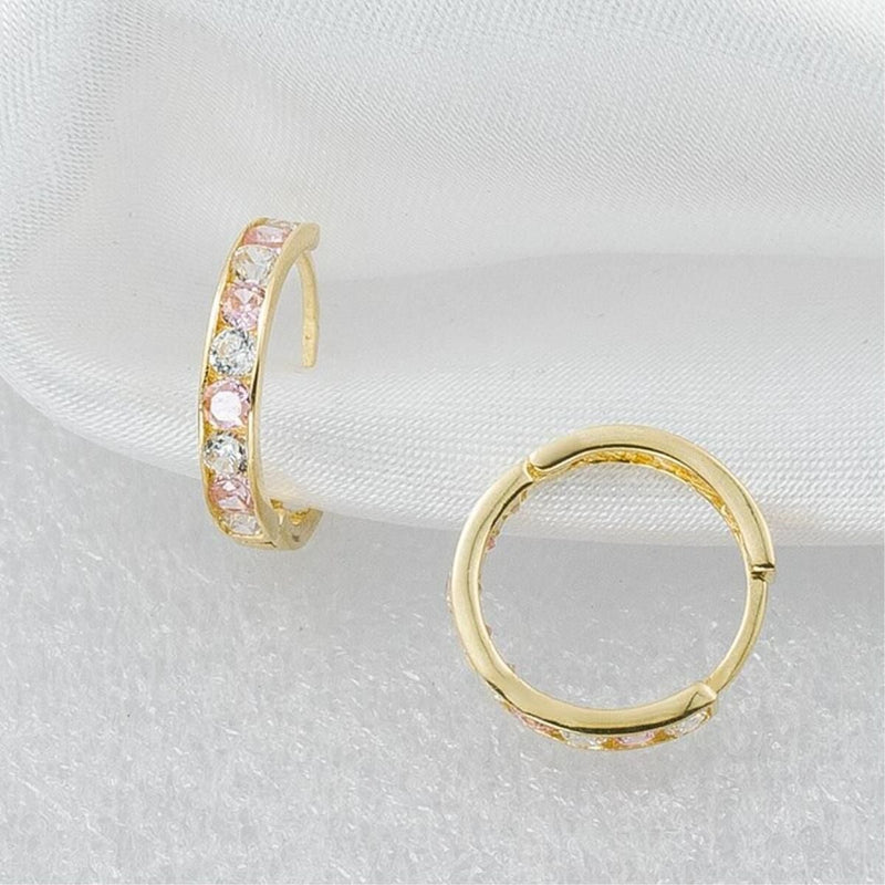 14K Yellow Gold Pink Row Cubic Zirconia Hoop Earrings