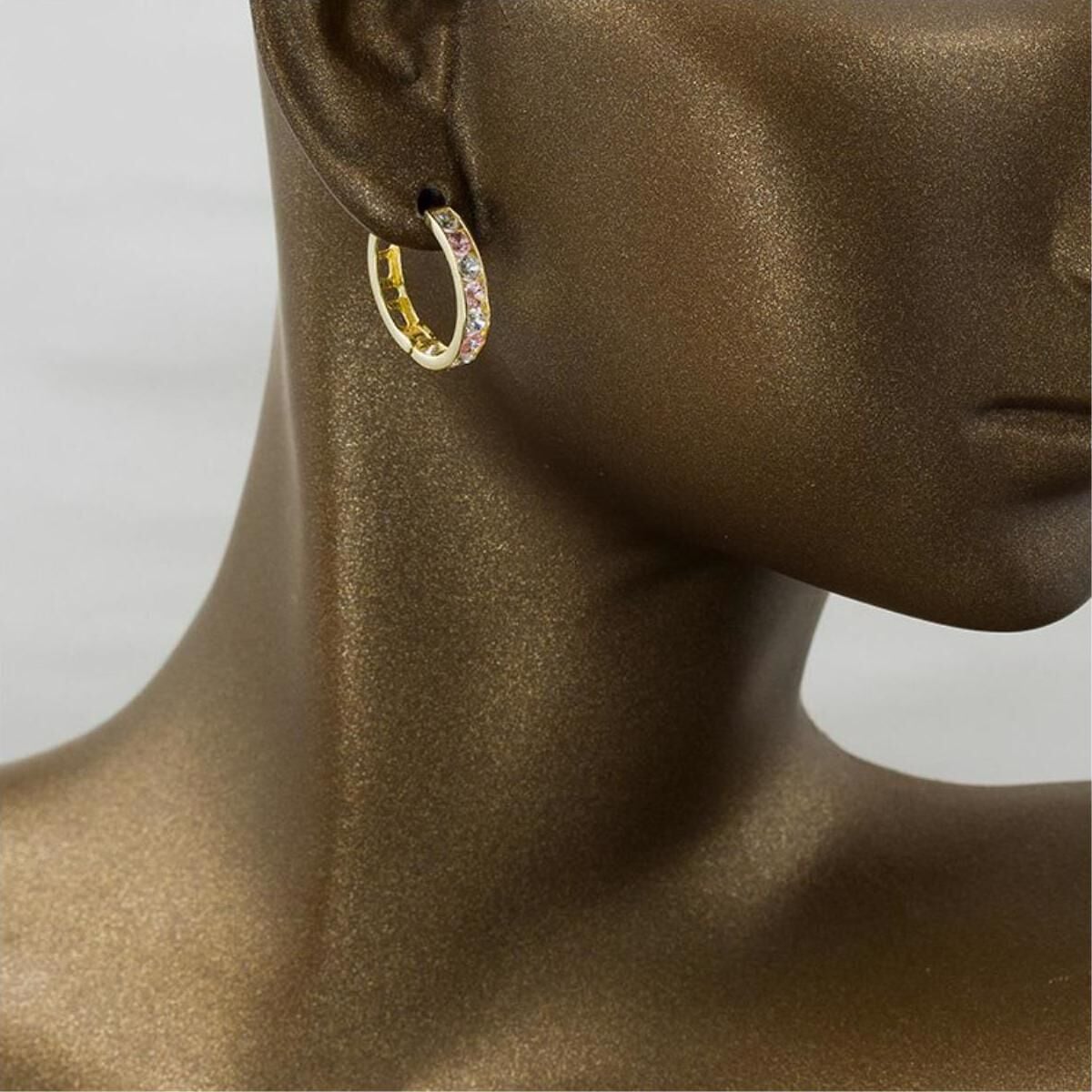 14K Yellow Gold Pink Row Cubic Zirconia Hoop Earrings