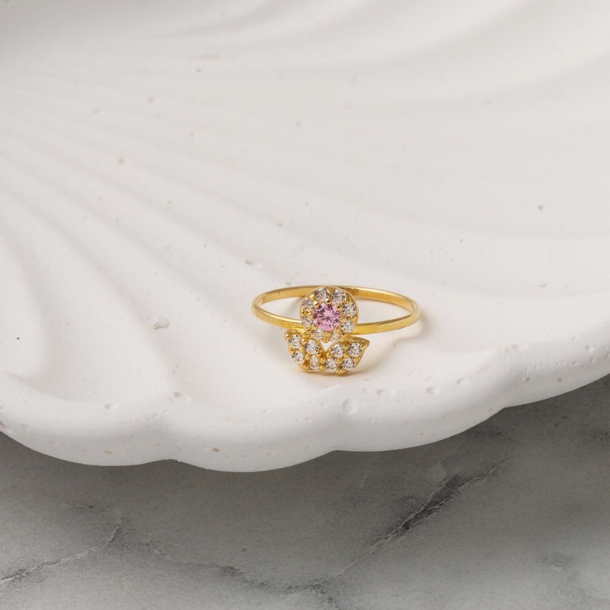 14K Yellow Gold Pink Cubic Zirconia Tulip Children's Ring