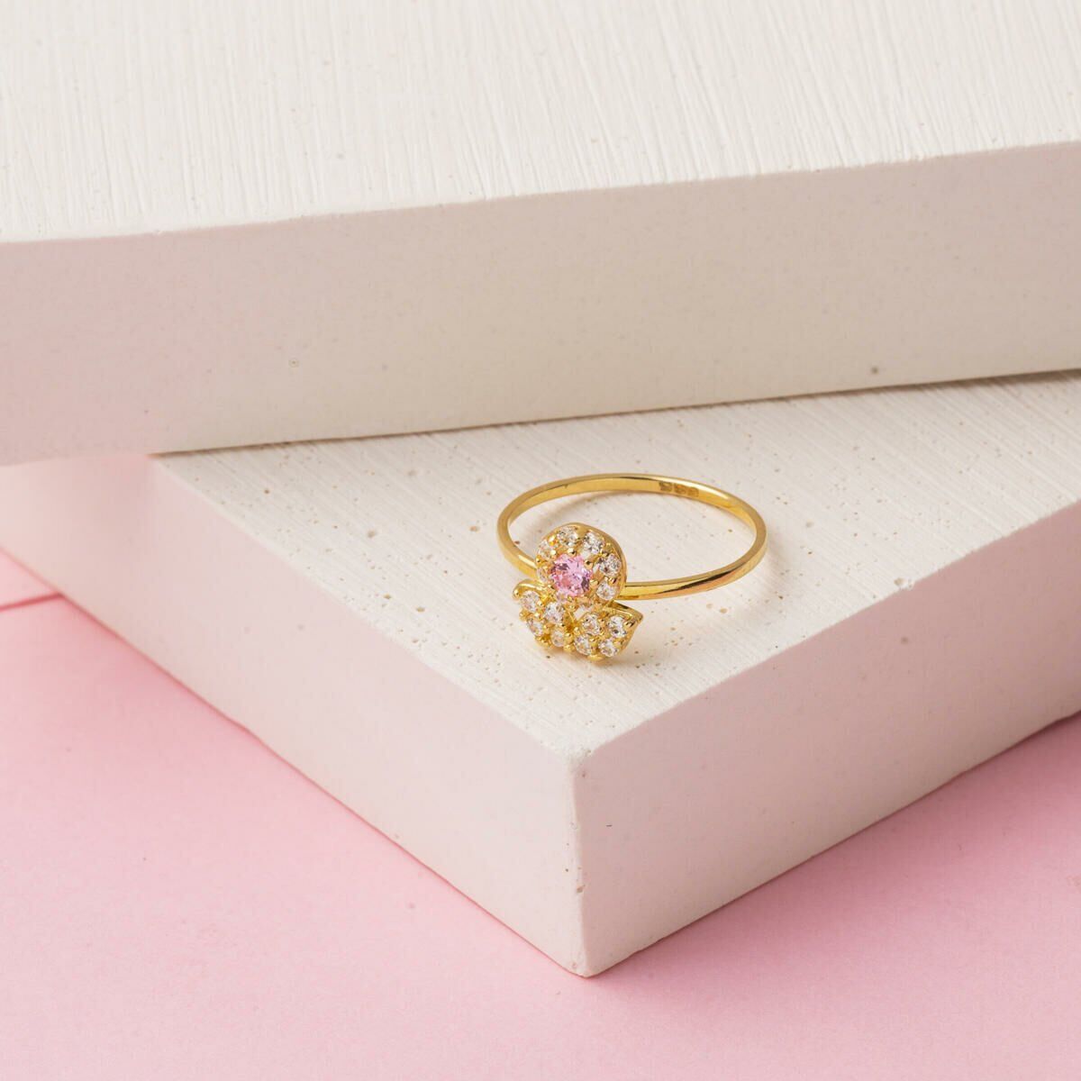14K Yellow Gold Pink Cubic Zirconia Tulip Children's Ring
