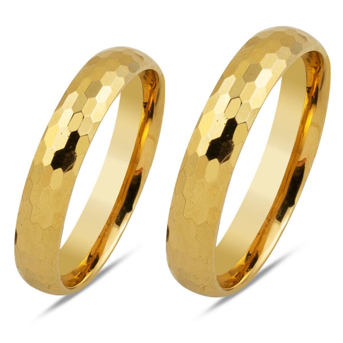 14K Yellow Gold Honeycomb Patterned Wedding Band Ring Set