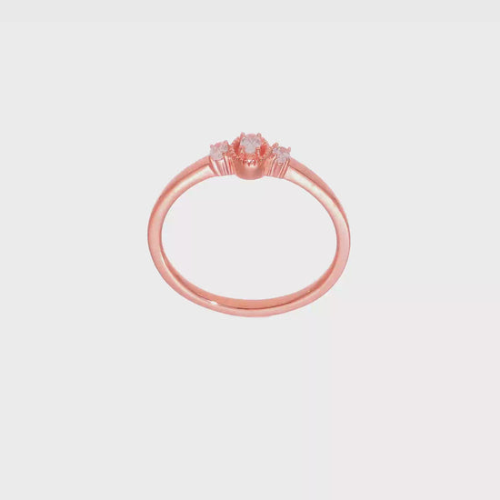 0.12ct. CZ Solid Real 14k Rose Polish Beaded Edges 3 stone Oval Complete Dia Ring-rm7788e-012-raa