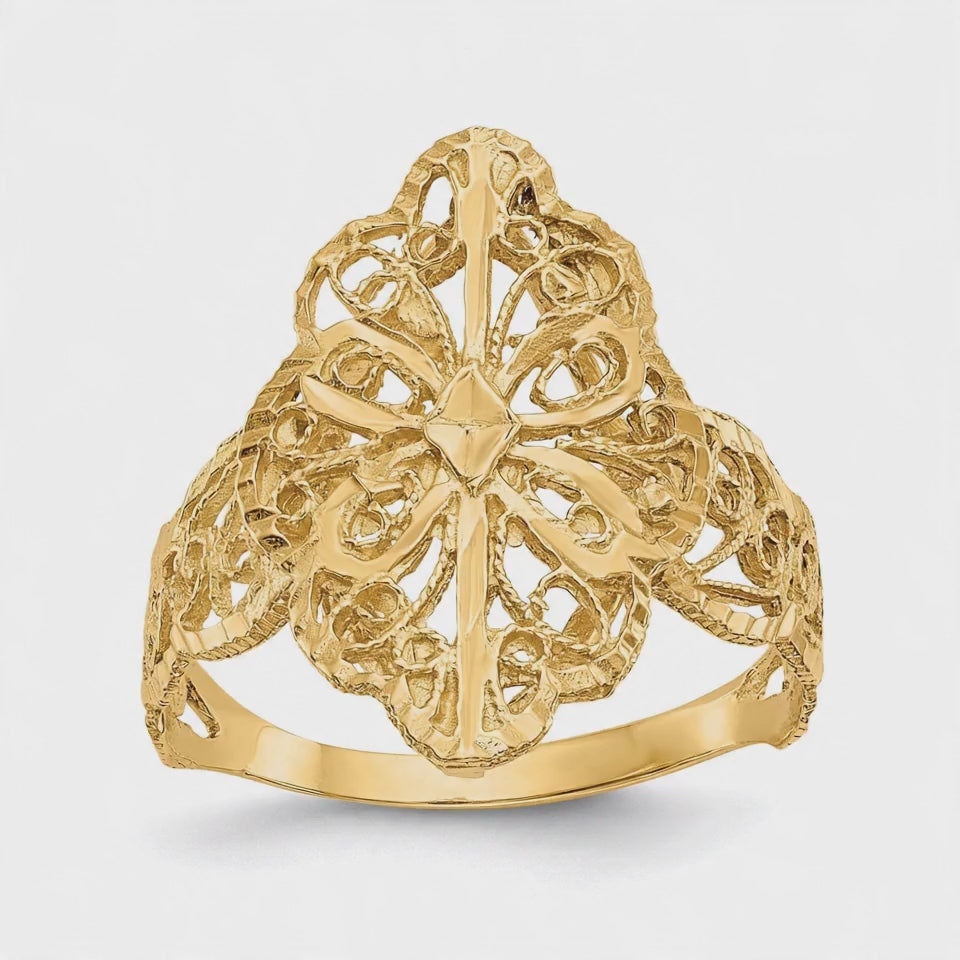 14K Yellow Gold Real Diamond Cut Filigree Ring
