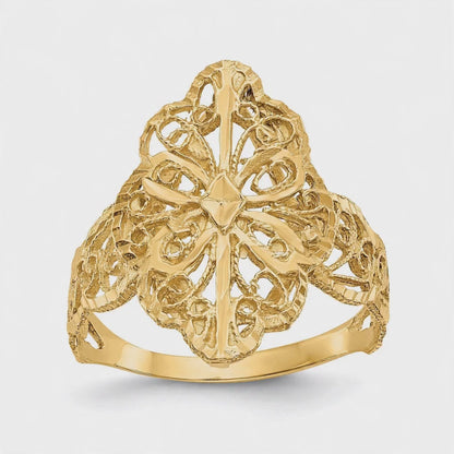 14K Yellow Gold Real Diamond Cut Filigree Ring