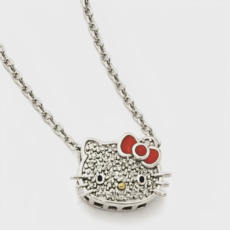 925 Sterling Silver Hello Kitty Natural Diamond Collection Red Enamel Pendant Necklace 16+2 Inch