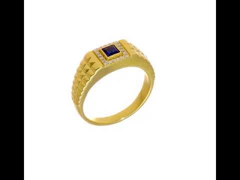 14K Yellow Gold Square Sapphire and Real Diamond Mens Ring
