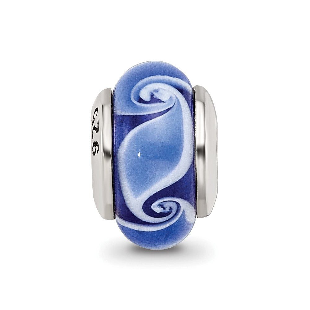 Sterling Silver Kids Collection Hand-Blown Blue Glass Wave Pattern Reflections Bead