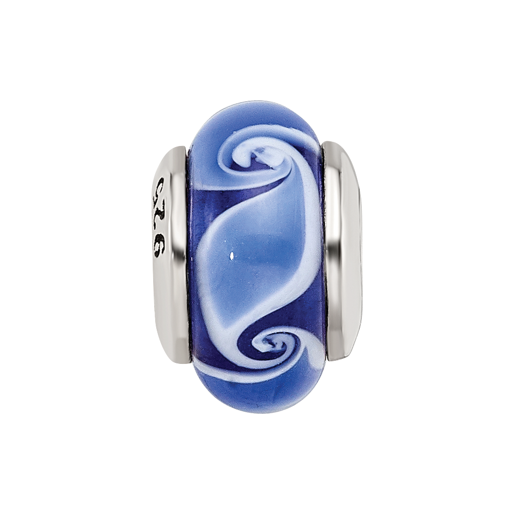 Sterling Silver Kids Collection Hand-Blown Blue Glass Wave Pattern Reflections Bead