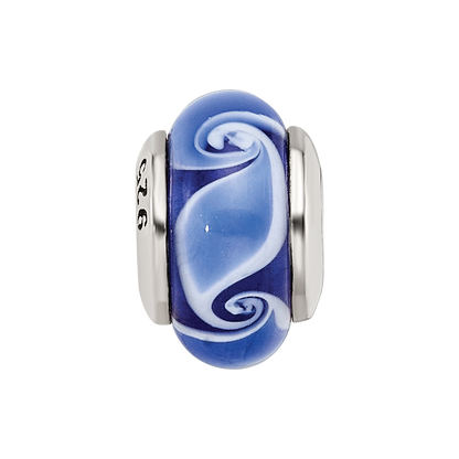 Sterling Silver Kids Collection Hand-Blown Blue Glass Wave Pattern Reflections Bead