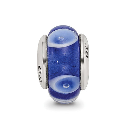 Sterling Silver Kids Collection Hand-Blown Blue With White Dots Pattern Glass Reflections Bead