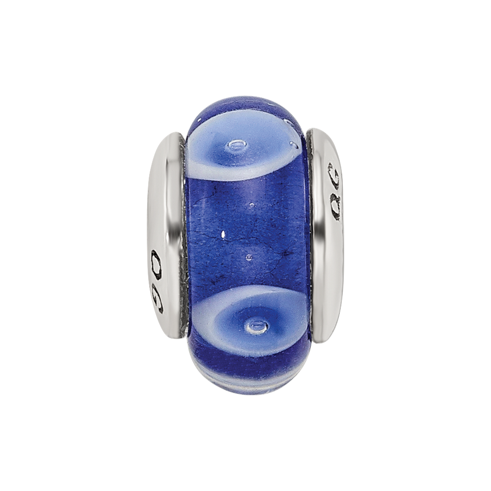 Sterling Silver Kids Collection Hand-Blown Blue With White Dots Pattern Glass Reflections Bead