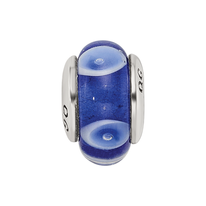 Sterling Silver Kids Collection Hand-Blown Blue With White Dots Pattern Glass Reflections Bead