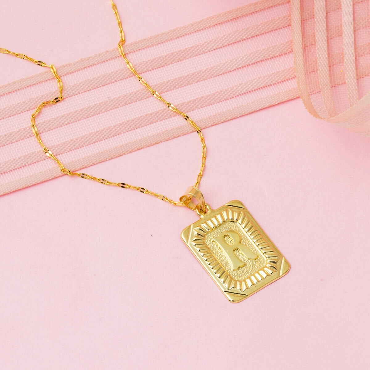 14K Yellow Gold R Initial Square Plate Necklace