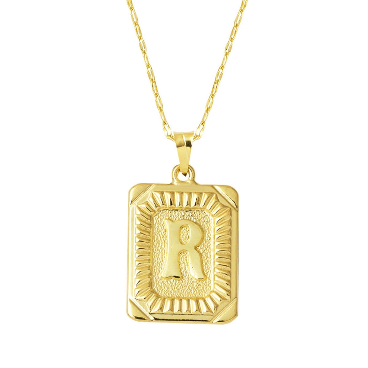 14K Yellow Gold R Initial Square Plate Necklace