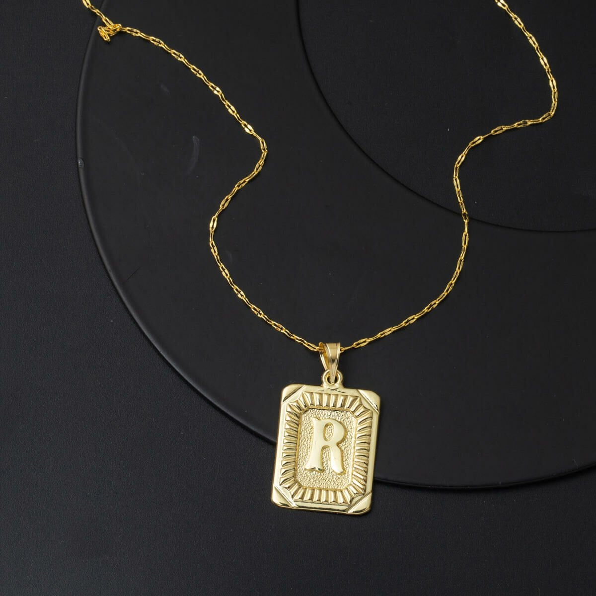 14K Yellow Gold R Initial Square Plate Necklace