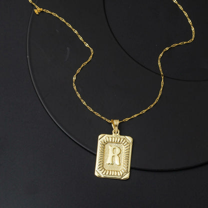 14K Yellow Gold R Initial Square Plate Necklace