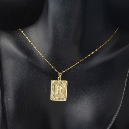 14K Yellow Gold R Initial Square Plate Necklace