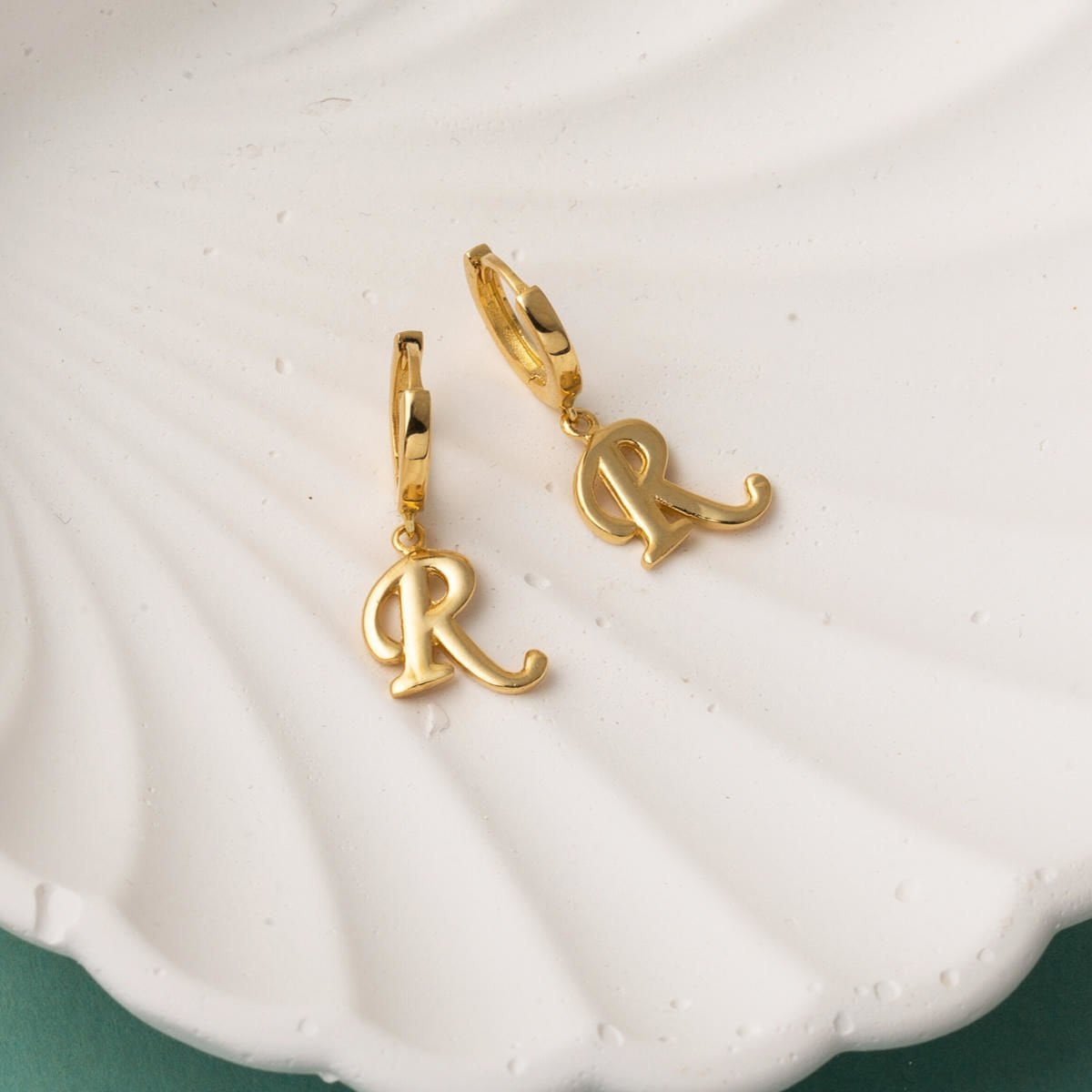 14K Yellow Gold Initial R Hoop Dangle Earrings