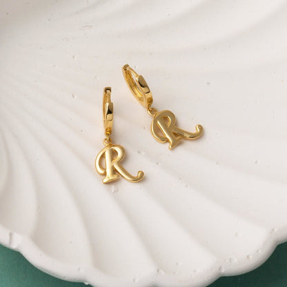 14K Yellow Gold Initial R Hoop Dangle Earrings