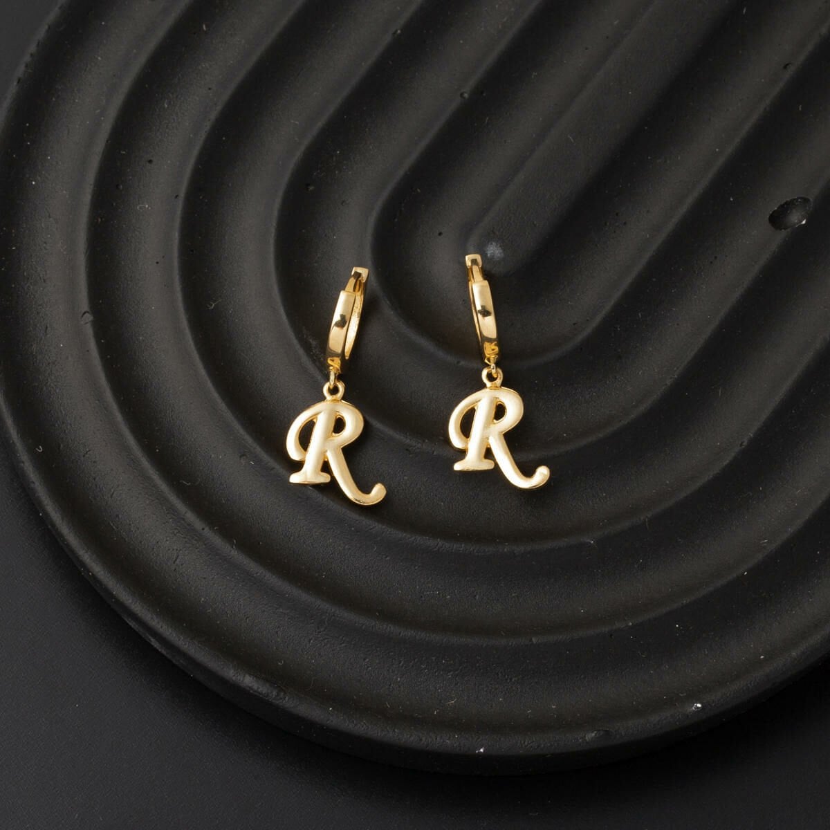 14K Yellow Gold Initial R Hoop Dangle Earrings