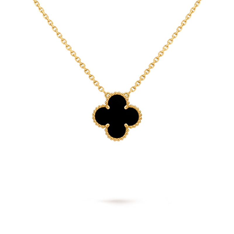 Clover Floral Alhambra Vintage Style Pendant in Solid 10K/14K/18K Yellow Gold Malachite/Pearl/Black Onyx/Carnelian Gemstone