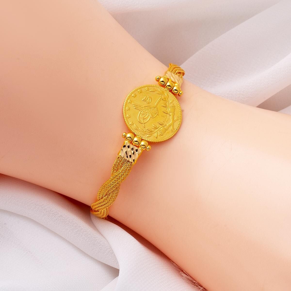 22K Yellow Gold Ottoman Resat Coin Quarter Coin Bracelet